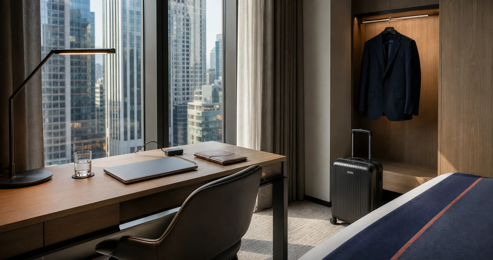 Modern business hotel room with a desk, suitcase and city view